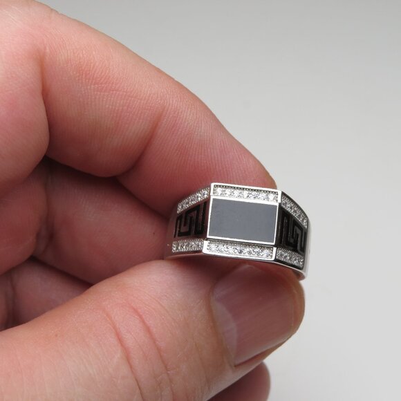 *925 Sterling Silver Diamond & Onyx Men's Ring